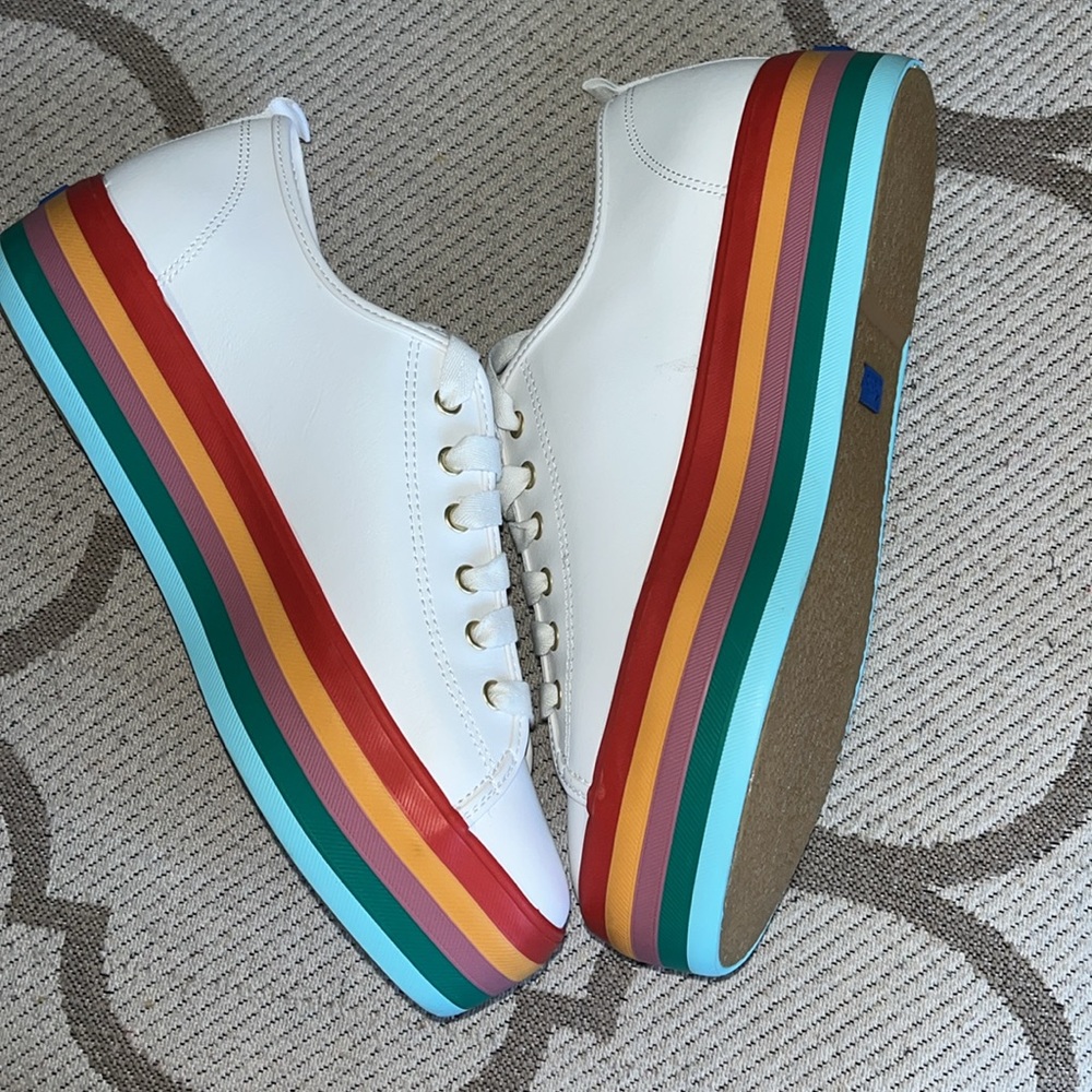 Keds White Platform Sneakers with Rainbow Stripe Sole - Picture 6 of 10